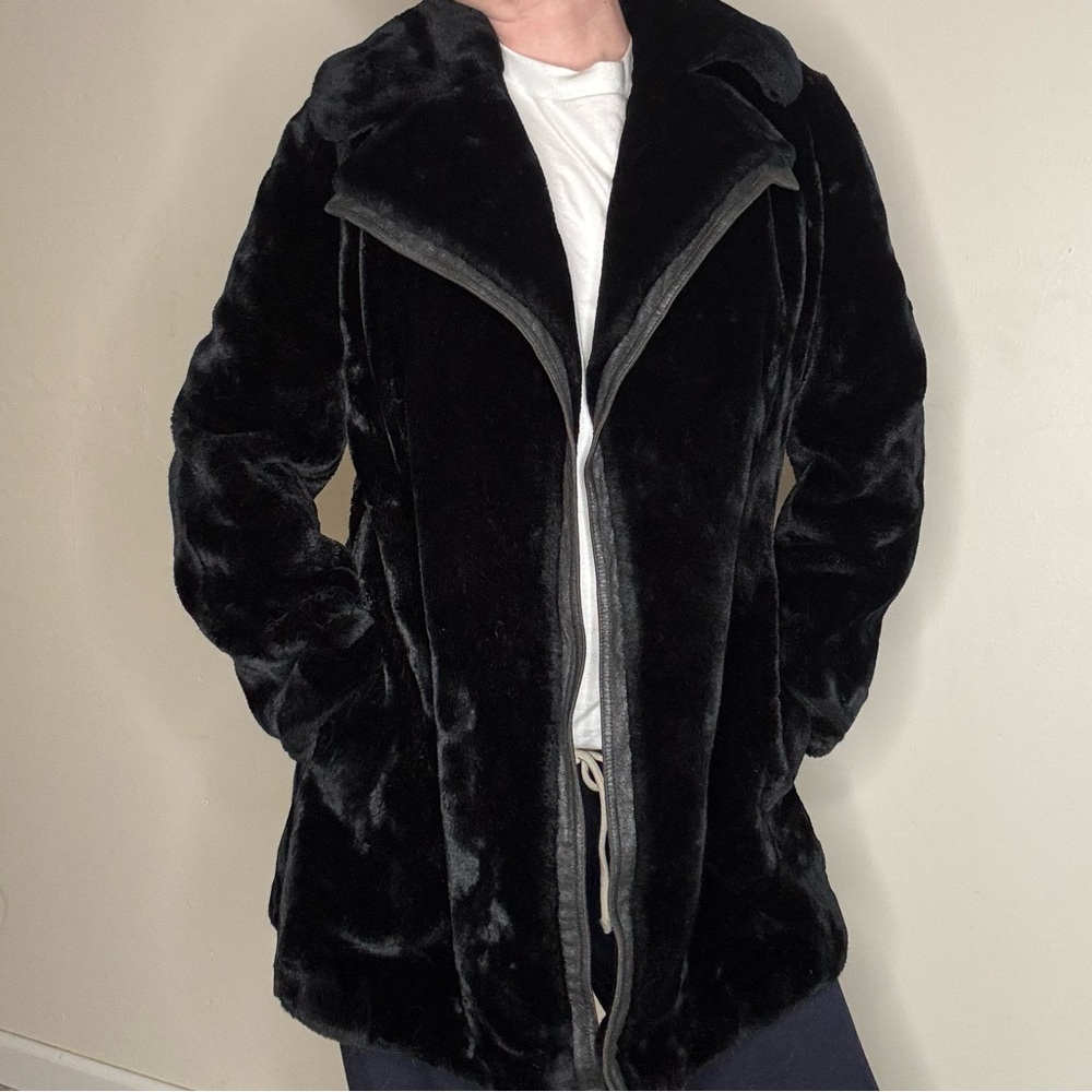 Vintage Borgana Black Faux Fur Coat Leather Trim Glam Jacket Old Hollywood S/M